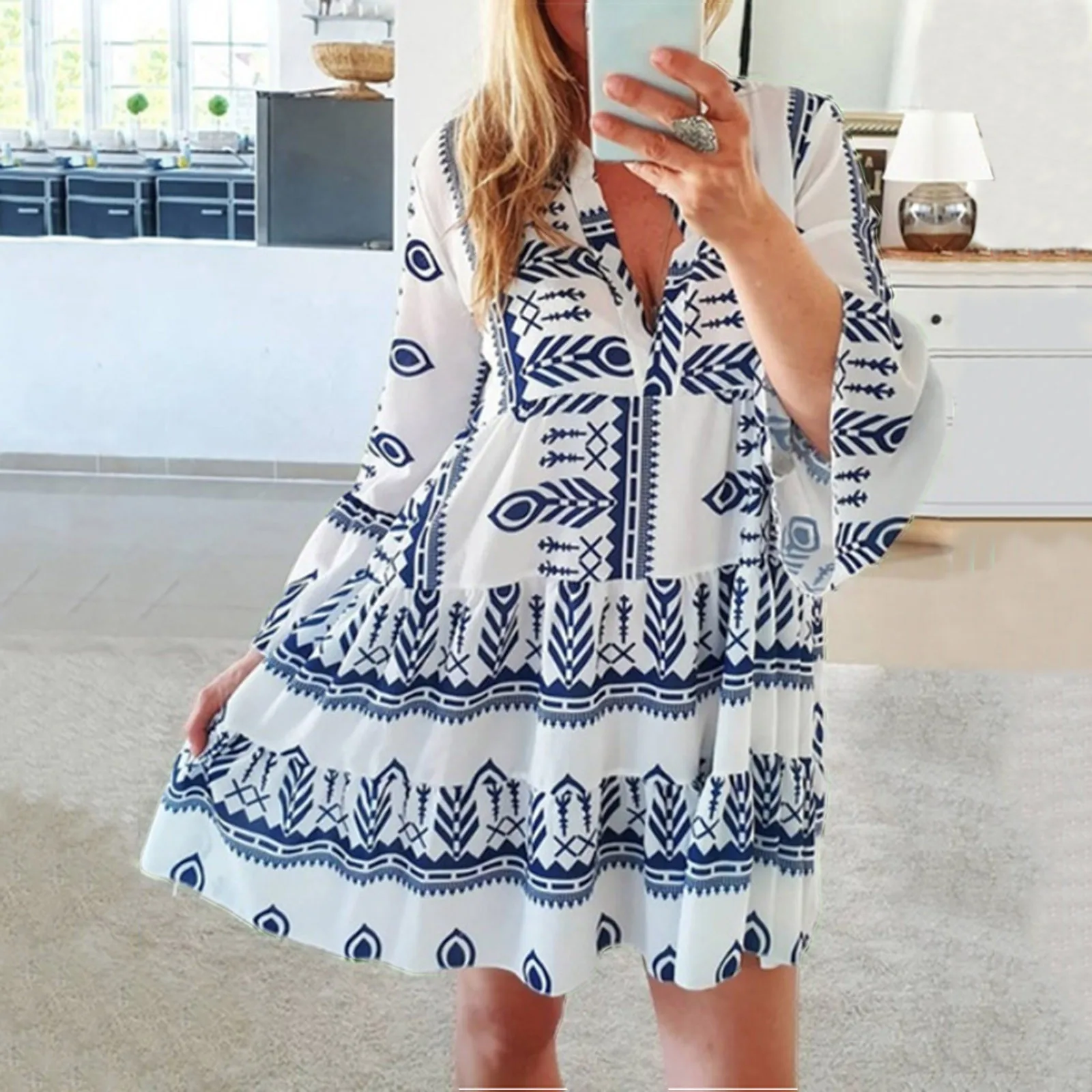 Bohemian Style Dress Tiered Tunic Holiday V Neck Short Dress Bohemian Style Long Sleeve Women Slim Loose Plus Size Skirt
Bohemian Style Dress Tiered Tunic Holiday V Neck Short Dress Bohemian Style Long Sleeve Women Slim Loose Plus Size Skirt