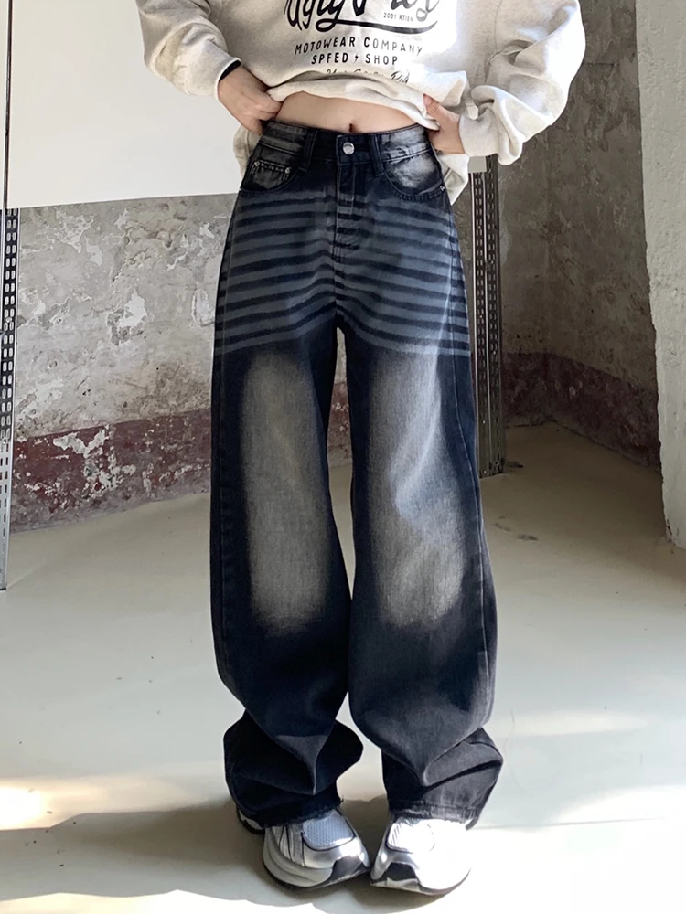 

Hip Hop Y2K Palazzo Wide Leg High Waist Loose Casual Washed Black Denim Pants Pocket Trousers Mommy Jeans Boyfriend Baggy Jeans
