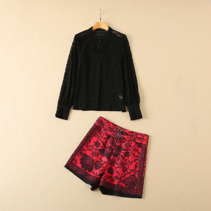 New European and American women's wear for winter 2022 Long sleeve lace stretch shirt Printed shorts Fashion suits 
New European and American women's wear for winter 2022 Long sleeve lace stretch shirt Printed shorts Fashion suits