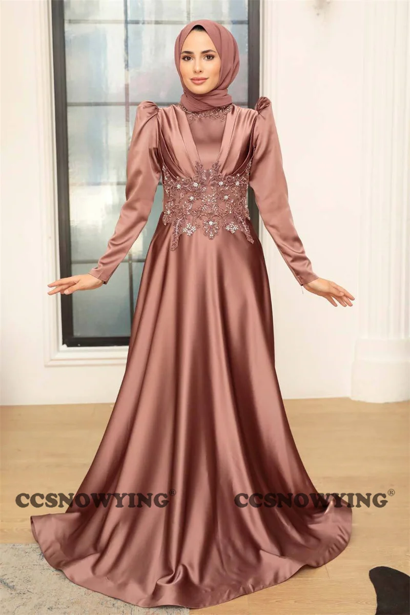 Long Sleeve Muslim Evening Dresses Satin Appliques High Neck Prom Formal Party Gown High Neck Hijab Arabic Dubai Robe De Soiree 
Long Sleeve Muslim Evening Dresses Satin Appliques High Neck Prom Formal Party Gown High Neck Hijab Arabic Dubai Robe De Soiree