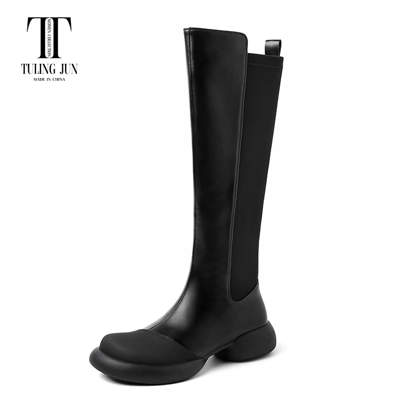 

TULING JUN 2023 Winter Women's Shoes Rounded Toe Chunky Medium Heel Splicing Fashion Comfort High Boots For Women MK9529