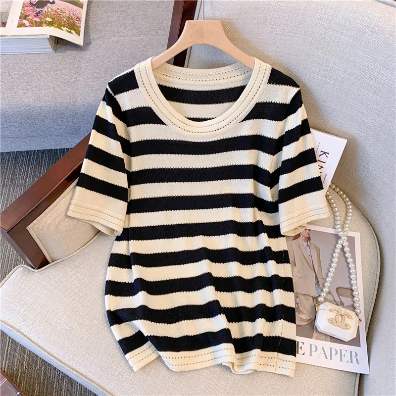 2022 Summer Hollow Short Sleeve Knitted Sweater Women Pullovers Korean O Neck Ice Silk Stripe Knitwear Tops Femme Jumper
2022 Summer Hollow Short Sleeve Knitted Sweater Women Pullovers Korean O Neck Ice Silk Stripe Knitwear Tops Femme Jumper