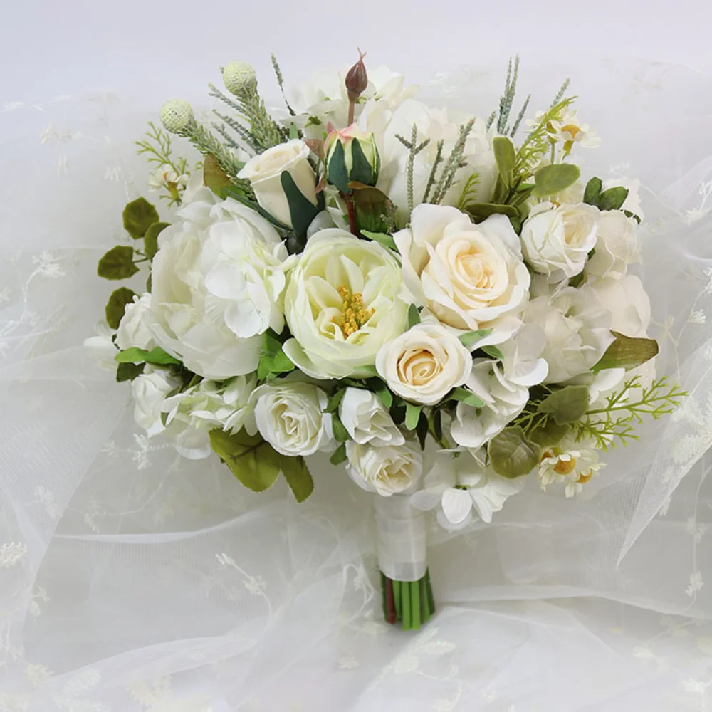 

Смешанные белые цветы ручной работы, свадебные букеты для невесты, искусственные шелковые розы для свадьбы, домашний декор, зеленые листья, недорогие