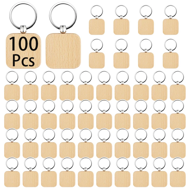 

100Pcs Blank Wooden Key Tag Key Chain Square Wood Keychains Blank Wood Keyrings