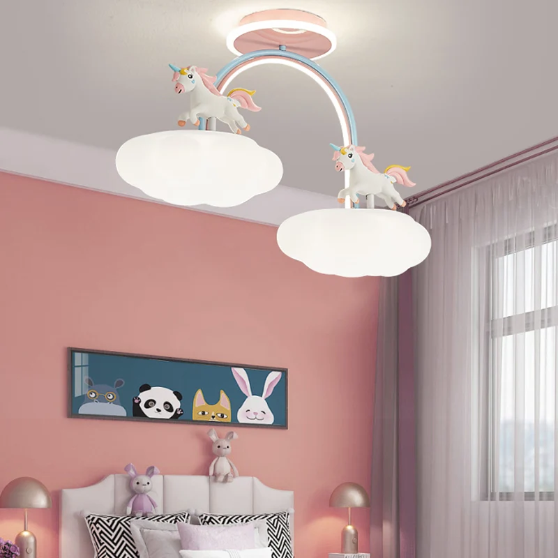 

Cartoon Unicorn Light Children's Room Ceiling Lamp with Remote Control Cloud Princess Room Pink Chandelier Light Full Spectrum