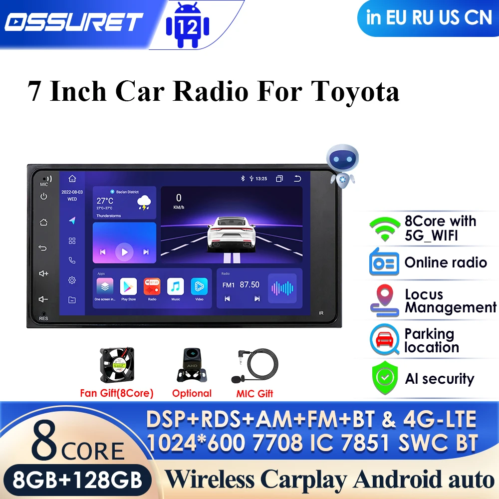 

2 Din Android 12 Universal Car Multimedia Radio Player CarPlay 2Din Stereo for Toyota VIOS CROWN CAMRY HIACE PREVIA COROLLA RAV4