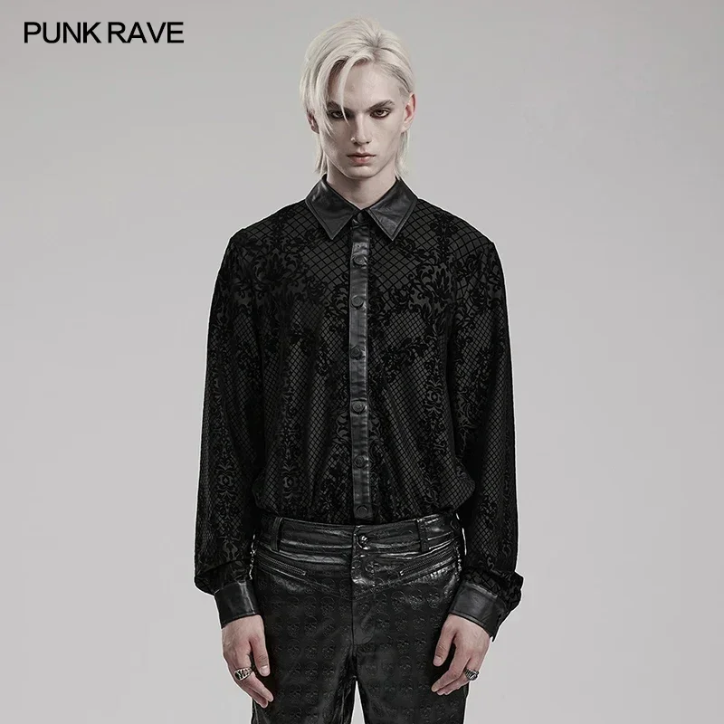 

PUNK RAVE Men's Gothic Unique Aesthetic Flocking Pattern Shirt Party Club Skull Buttons Black Tops Shirts for Men Clothing