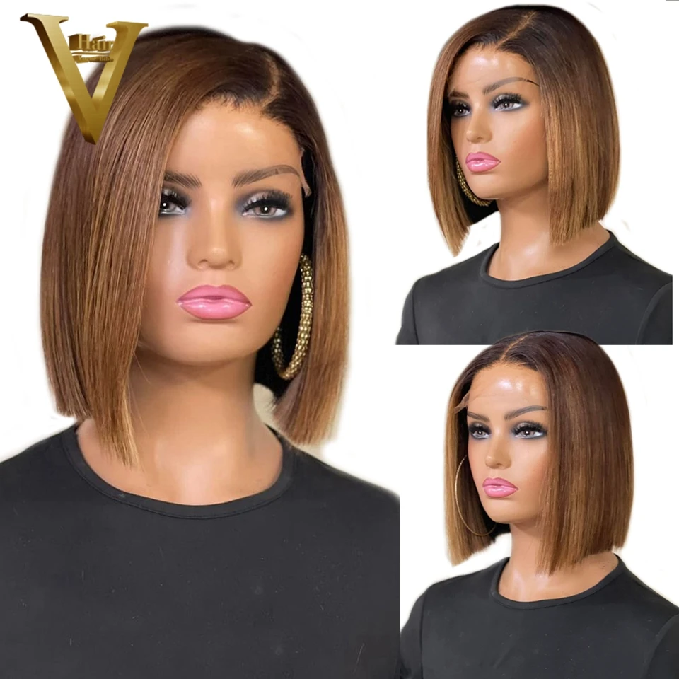 

Short Bob Ombre Brown 13X4 Lace Front Human Hair Wig Preplucked Honey Blonde Colored Pixie Cut Frontal Closure Wigs For Women