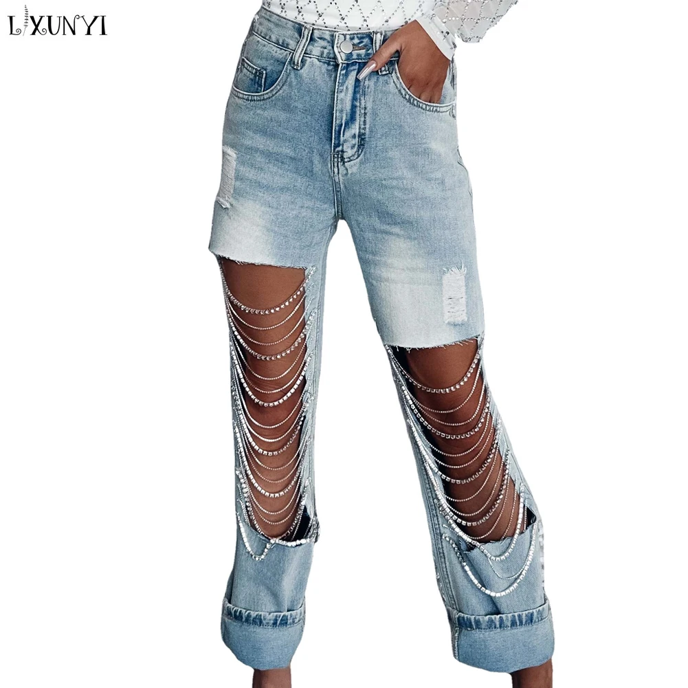 Straight Jeans Women 2023 Spring Summer Holes Diamond Rhinstones Solid Fashion High Street High Waist Cotton Denim Pants
Straight Jeans Women 2023 Spring Summer Holes Diamond Rhinstones Solid Fashion High Street High Waist Cotton Denim Pants