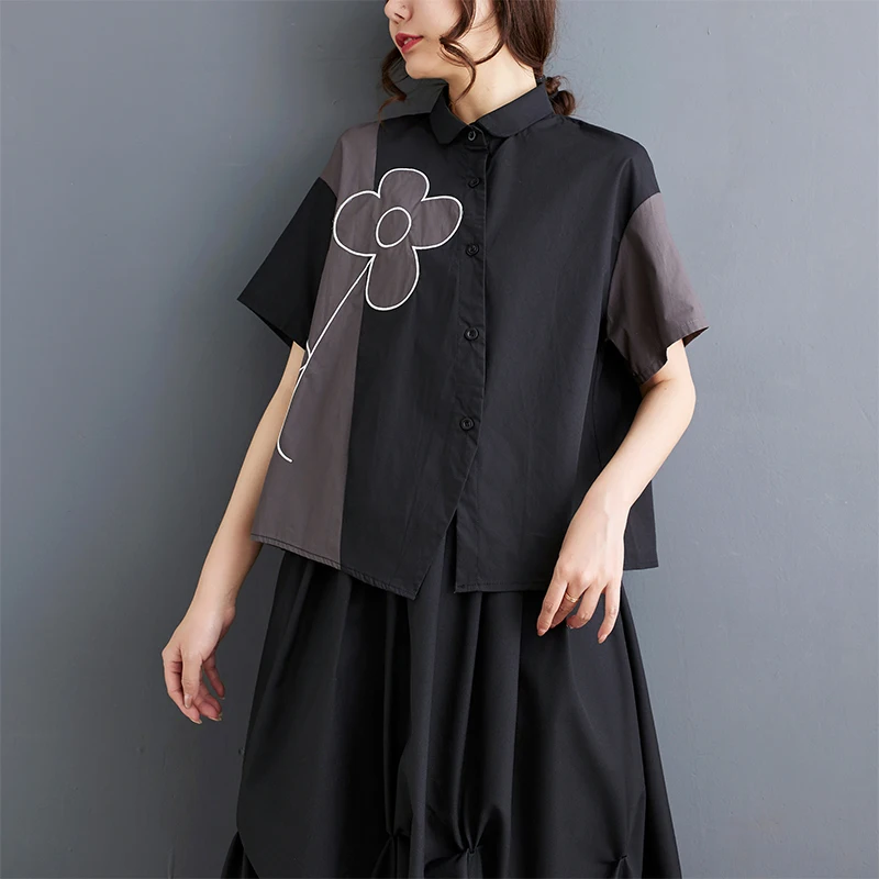 

Женская хлопковая блузка с коротким рукавом, свободная Винтажная летняя блузка с цветочной вышивкой в стиле пэчворк, 2024