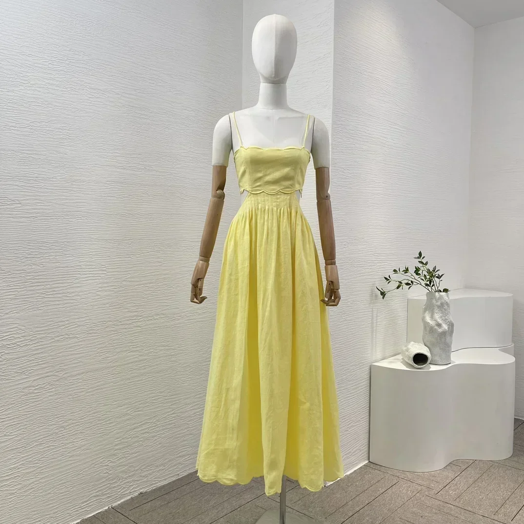 

Женское льняное платье-миди с открытой спиной, желтое ТРАПЕЦИЕВИДНОЕ ПЛАТЬЕ на бретельках без рукавов, с завязкой, для отдыха, Новинка лета 2024