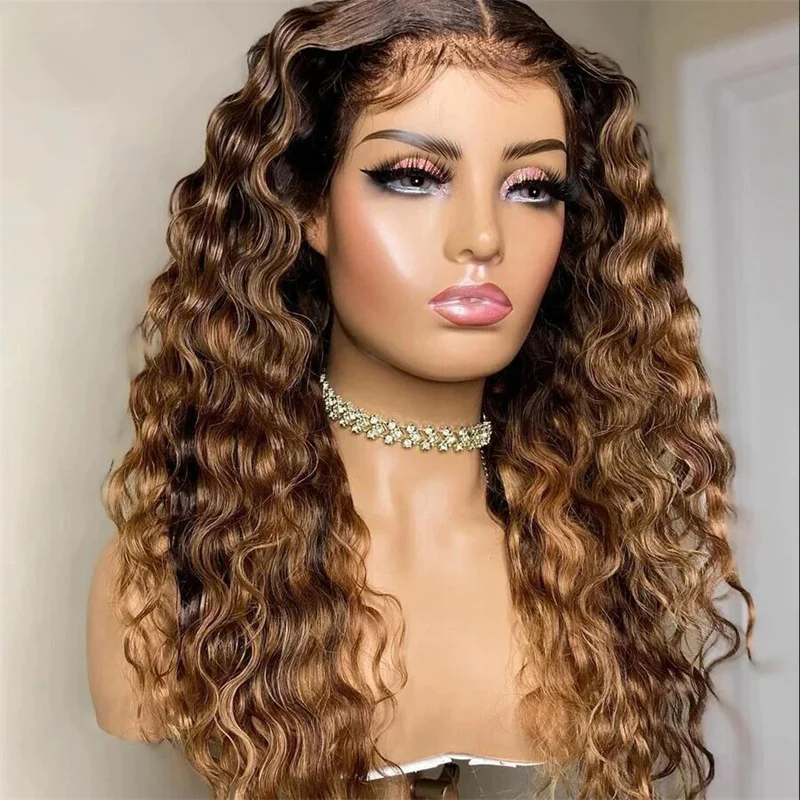 

Soft Long 26lnch Glueless 180Density Ombre Brown Kinky Curly Lace Front Wig For Women With Baby Hair Synthetic Preplucked Daily