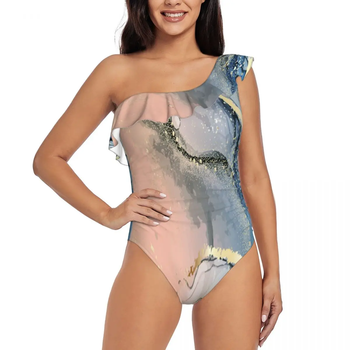 

Oriental Gold Ink Marble 3D Print Women's One Shoulder Ruffle Monokinis Swimwear Asymmetric Ruffle