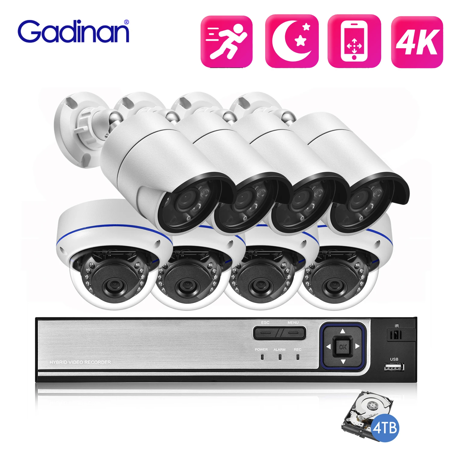 

Система видеонаблюдения Gadinan Ultra 4K HD POE, 8-канальный сетевой видеорегистратор, ИИ-датчик движения, уличная IP-камера 8 Мп, сетевое видеонаблюдение