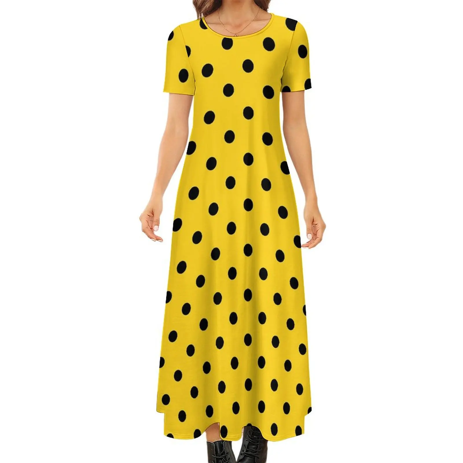 

Retro Polka Dots Dress Black And Yellow Aesthetic Bohemia Long Dresses Women Cute Maxi Dress Birthday Present