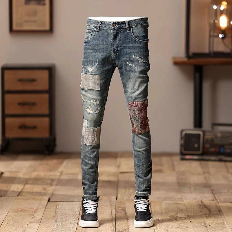Street Fashion Men Jeans High Quality Retro Washed Blue Stretch Skinny Fit Ripped Jeans Men Patched Designer Hip Hop Denim Pants
Street Fashion Men Jeans High Quality Retro Washed Blue Stretch Skinny Fit Ripped Jeans Men Patched Designer Hip Hop Denim Pants