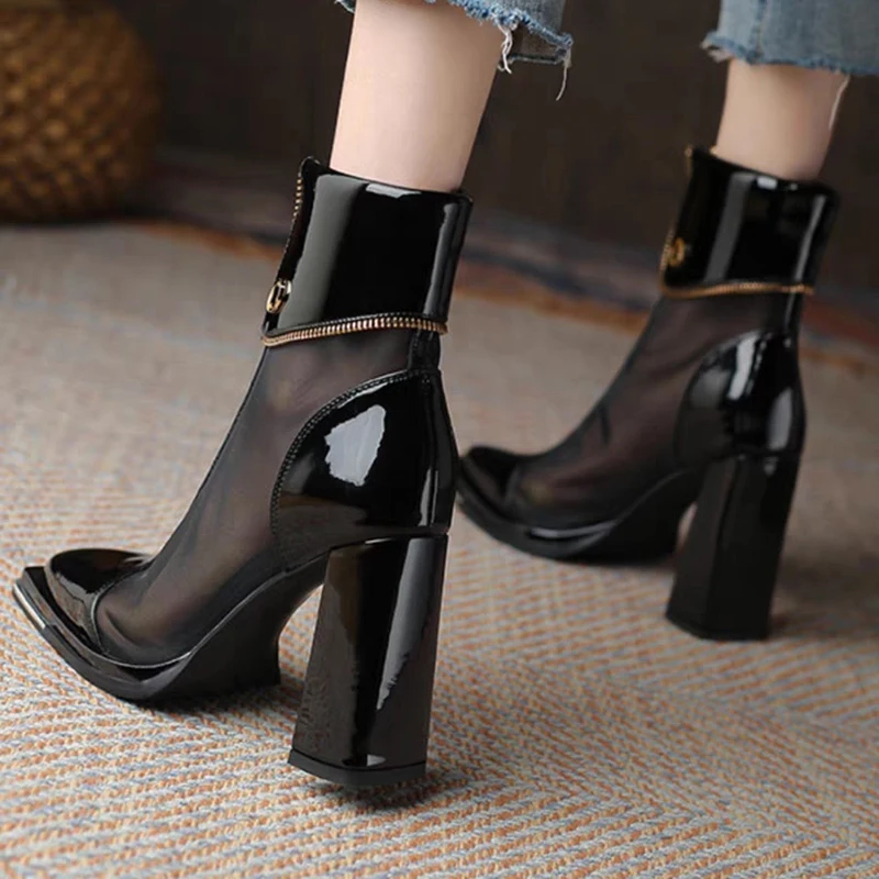 Sexy Black Mesh High Heels Ankle Boots Women 2023 Autumn Front Zipper Patent Leather Boots Woman Square Toe Thick Heeled Pumps
Sexy Black Mesh High Heels Ankle Boots Women 2023 Autumn Front Zipper Patent Leather Boots Woman Square Toe Thick Heeled Pumps