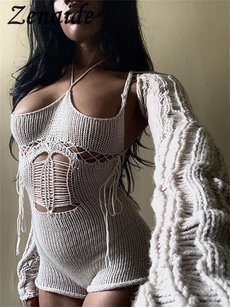 Zenaide Fall Spaghetti Strap Lace Up Ripped Playsuits Hollow Out Knit Overall Backless Sexy Rompers With Separately Sleeve Women
Zenaide Fall Spaghetti Strap Lace Up Ripped Playsuits Hollow Out Knit Overall Backless Sexy Rompers With Separately Sleeve Women