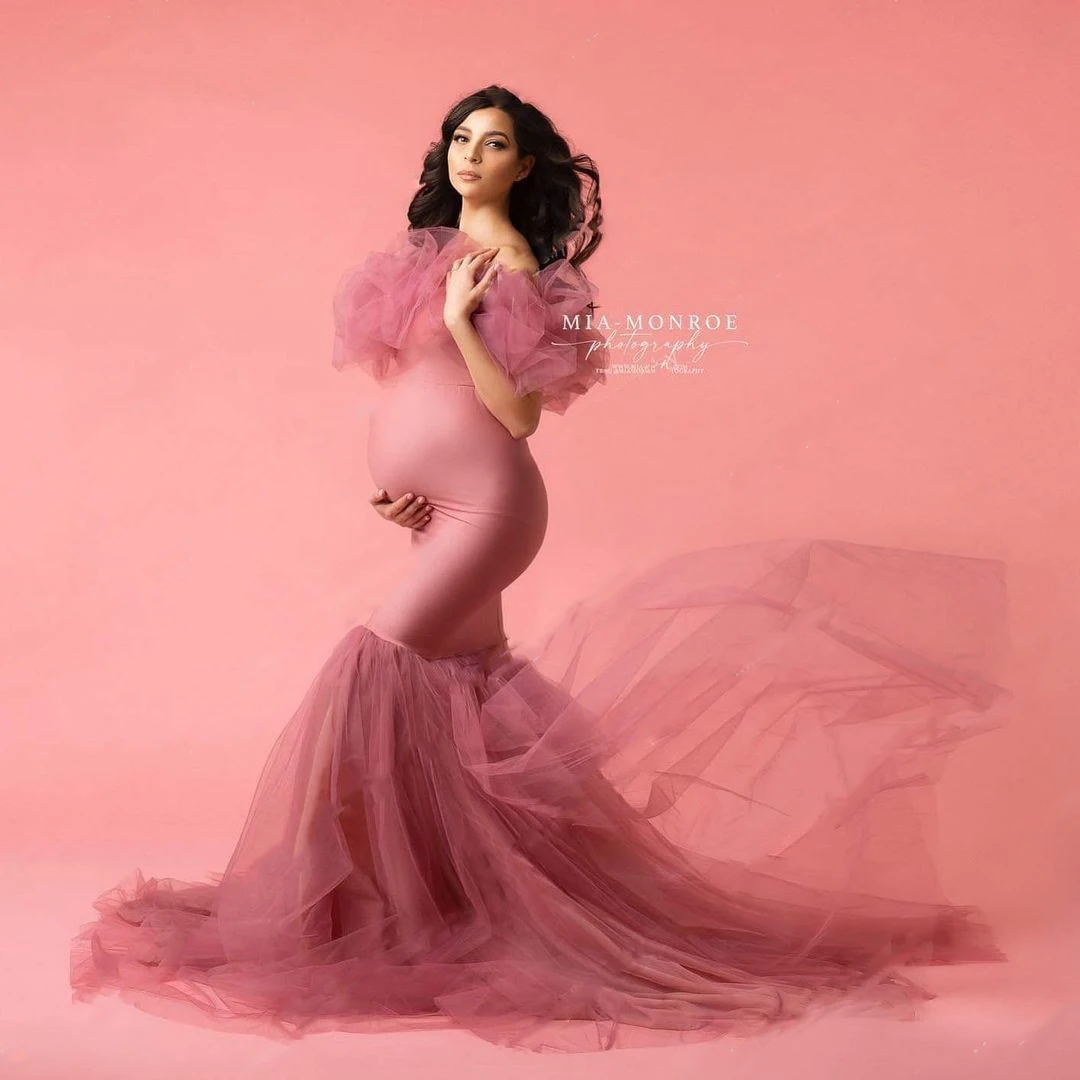 

Элегантное эластичное платье для беременных розовое Тюлевое платье Русалка для фотосъемки с открытыми плечами эластичное платье для будущих мам женское платье для будущей мамы