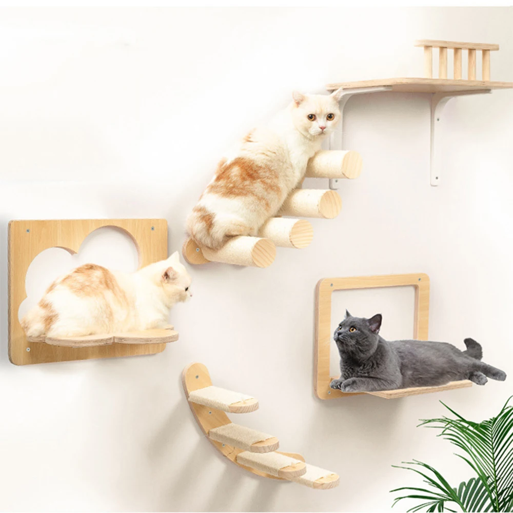 

Cat Climbing Wall Mounted Hammock Scratching Post Shelf for Cat Wooden Furniture Ladder Steps Kitten Sleeping and Playing