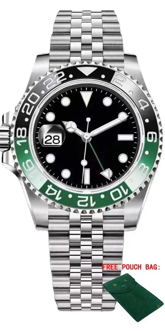 

Luxuxy New Men Automatic Mechanical Watch Left-Handed GMT Black Green Ceramic Bezel Stainless Steel Sapphire Luminous Watches