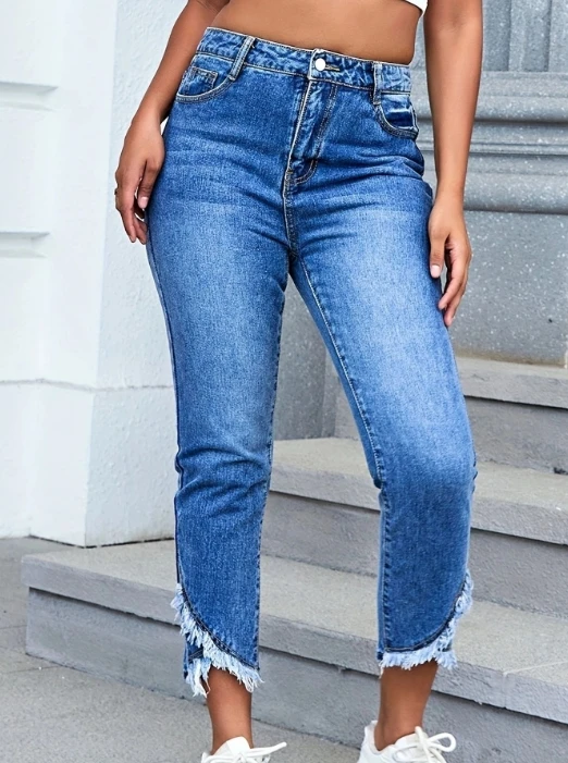 

Women's Blue High-Stretch Skinny Jeans Tassel Asymmetrical Cuffs Pants High Waist Slim Fit Stylish and Comfortable Denim Pants