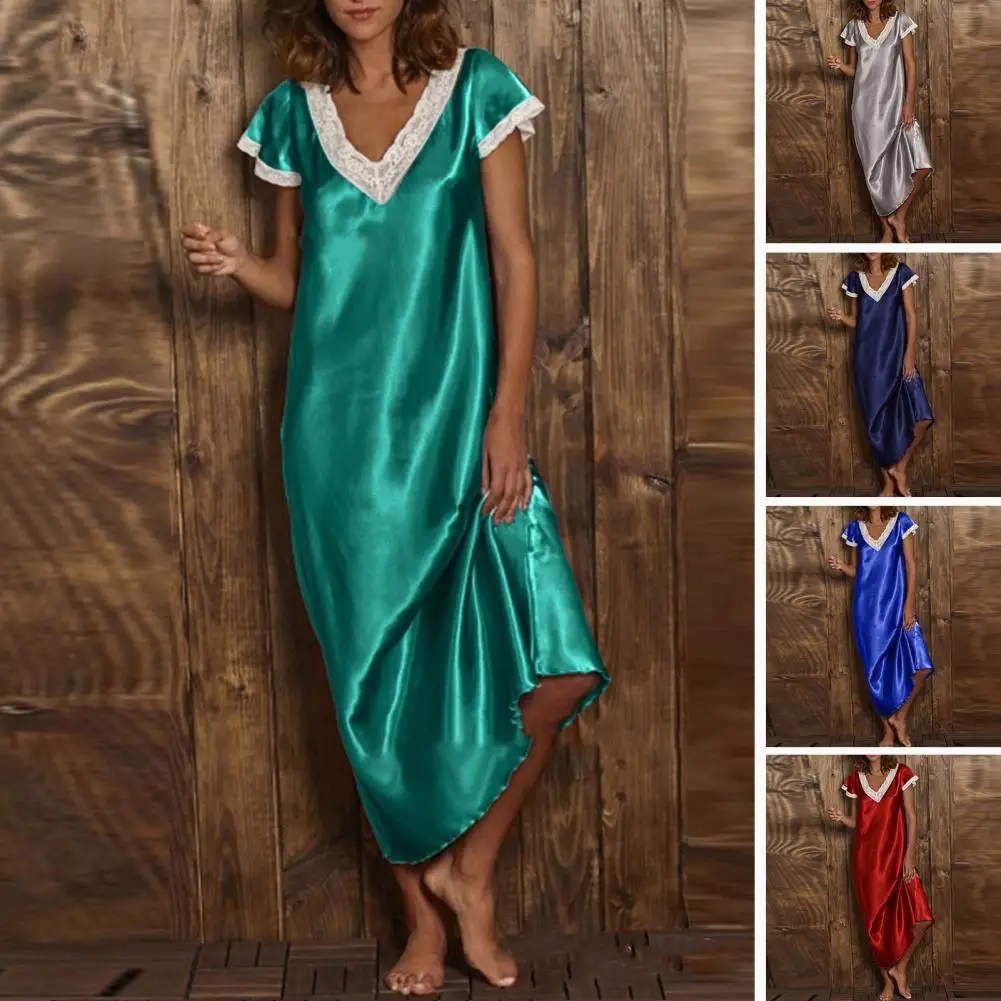

Women Sleeping Dress Loose V-Neck Lace Trimmed Nightdress Solid Color Short Sleeve Nightdress Smooth Satin Midi Nightgown