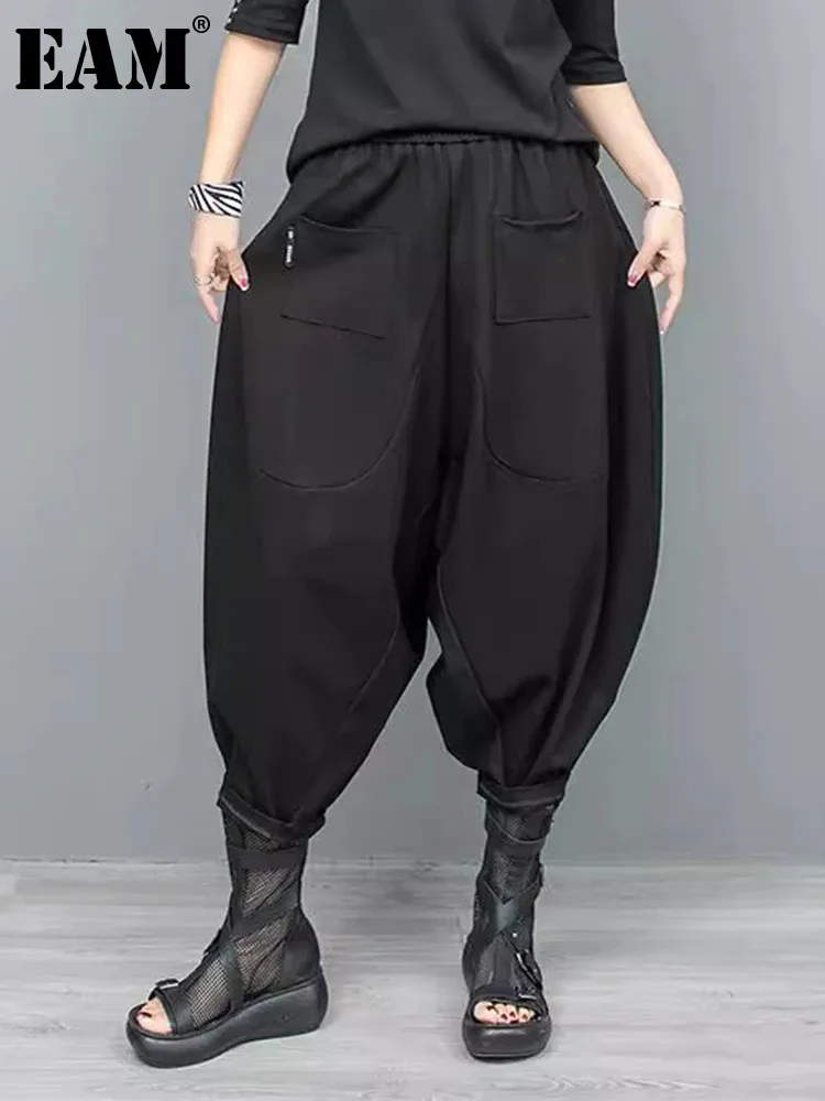 

[EAM] High Elastic Waist Black Brief Pocket Casual Long Harem Pants New Trousers Women Fashion Tide Spring Autumn 2024 1DH5273