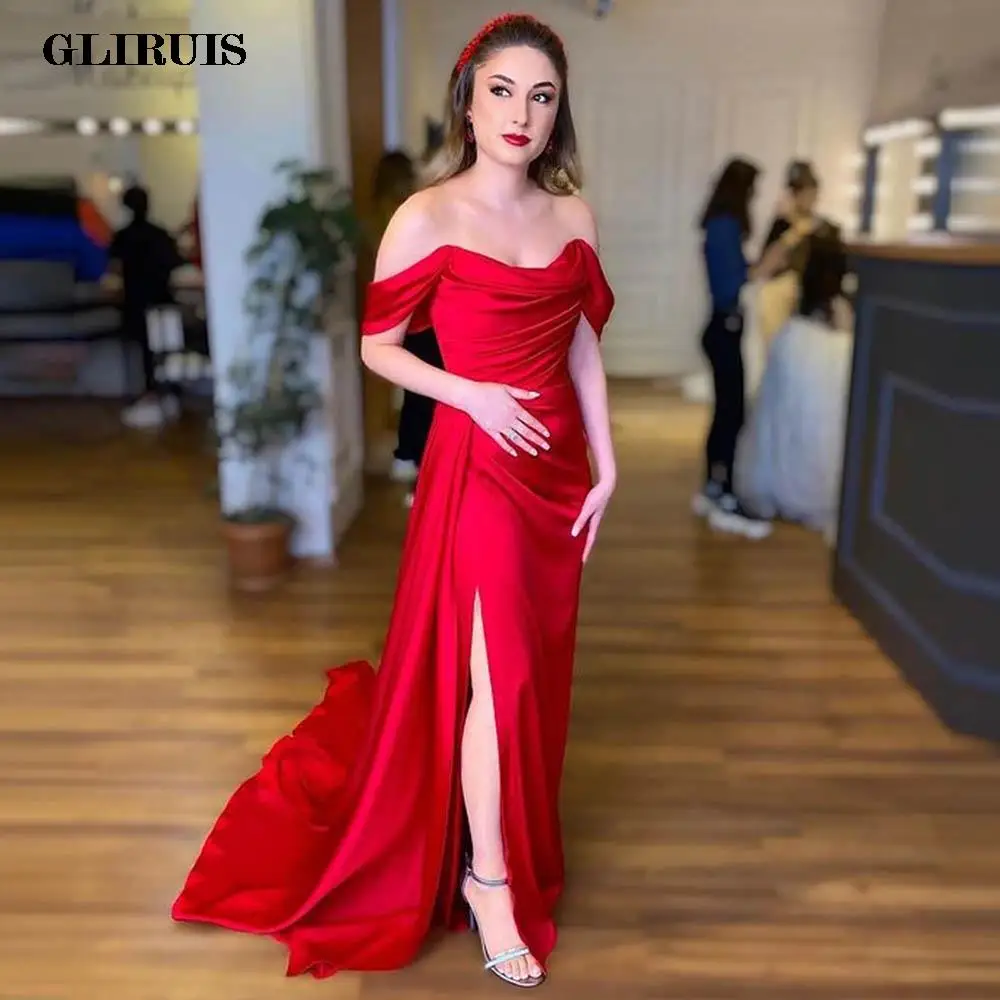 

Exquisite Red Mermaid Satin Long Evening Dresses Off The Shoulder Women Party Dress Pleated Slit Formal Prom Gowns Customize