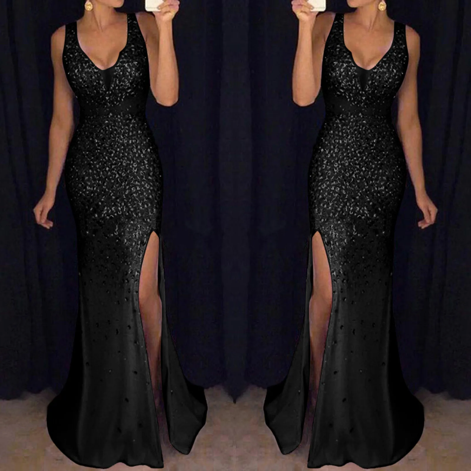 

Women's Cocktail Dress Sexy Glitter Sparkly Sequin Sleeveless Side Slit Evening Sundresses Prom Party Ball Gown Long Dress