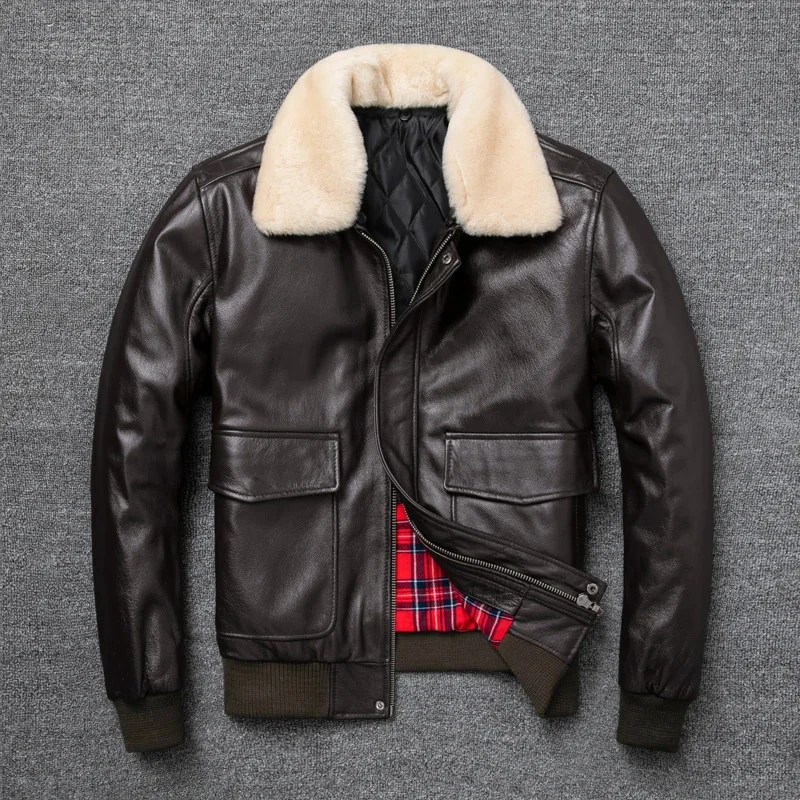 

Air Force Flight Jacket Fur Collar Genuine Top Layer Cow Leather Men Black Brown Coat Men's Winter 정품 가죽