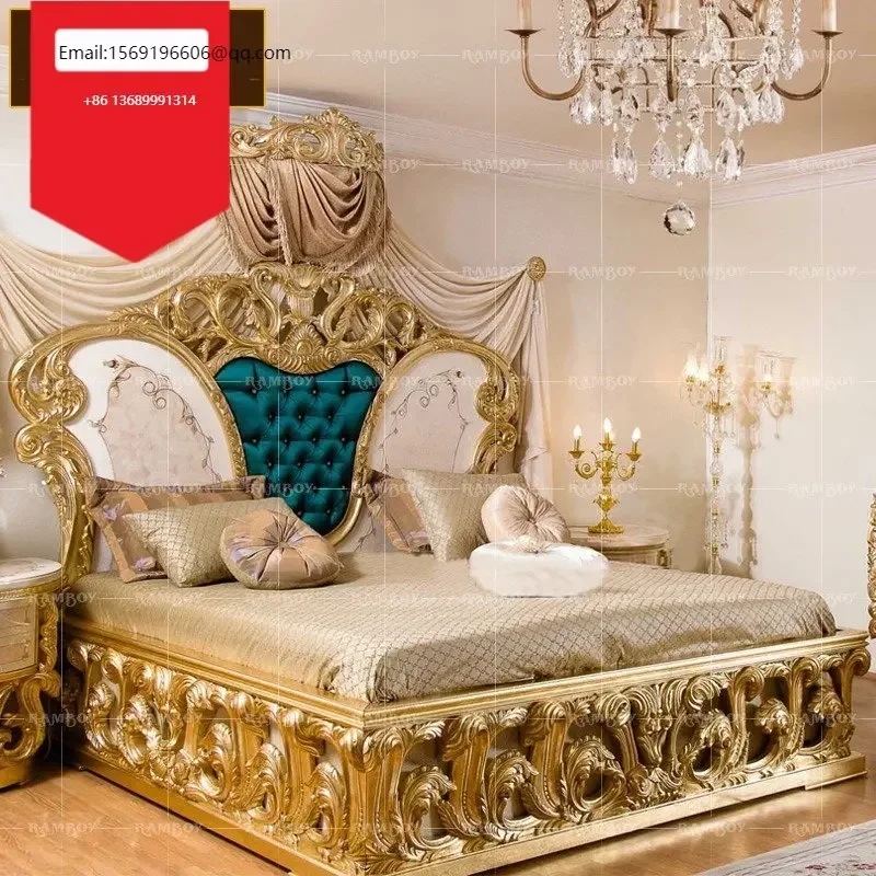 

European-style solid wood carved gold foil double bed villa palace master bedroom wedding bed luxury cloth bed