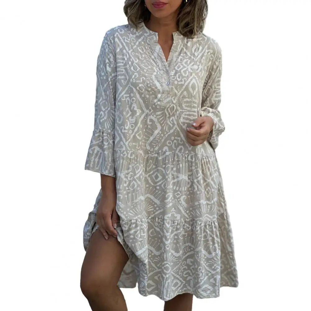 

Casual Midi Dress Bohemian Geometric Print Midi Dress with Three Quarter Sleeves A-line Silhouette for Women's Spring Summer