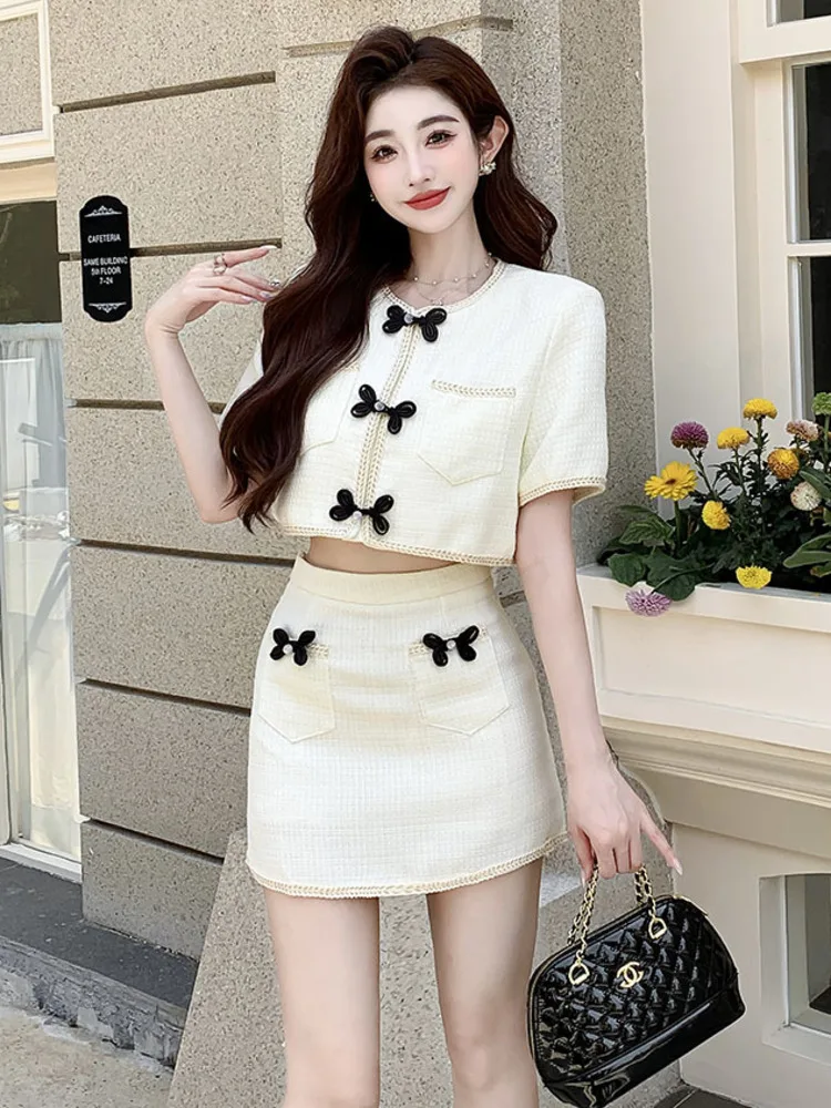 

Small Fragrant Wind Set Summer New Style Slimming Two Piece O-neck Cropped Tops + A-line Short Skirt Women Temperament Chic Suit