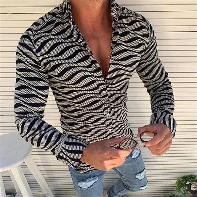 

New Fashion Men Shirts Stripe Long Sleeve Casual Turn-down Button Slim Fit Shirt For Mens Clothes Streetwear Tops Man