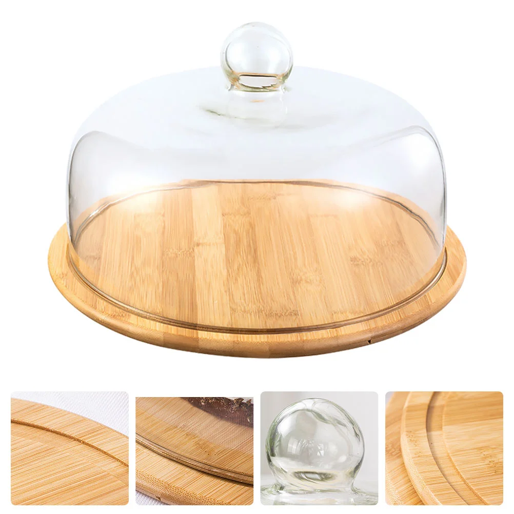 

Plate Pastry Plate Convenient Snack Tray With Glass Cover Dustproof Cake Glass Cover Food Cover With Bamboo Wood Tray