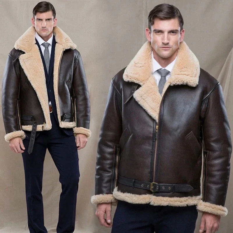 

2022 Winter Bomber Leather Jacket Men Sheep Shearling Lambskin Warm Jackets Parka Pilot Men's Natural Sheepskin Fur Coat New