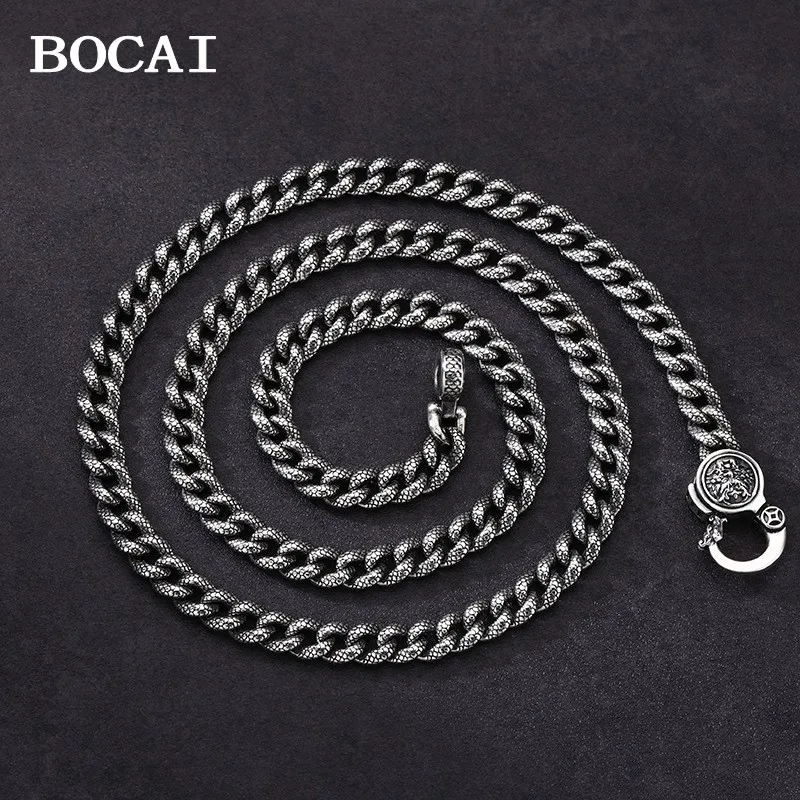 

BOCAI NewS925 Sterling Silver Retro Trendy Personalized Dragon Scale Cuban Chain Coarse Necklace Men's
