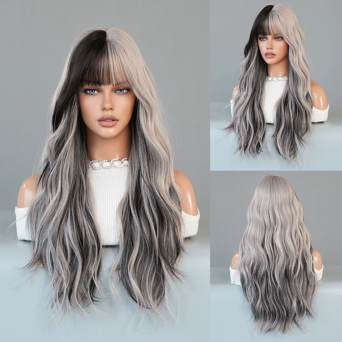 

PARK YUN Long Body Wavy Silver Ash Hair Wig with Bangs for Women Daily Party High Density Hair Ombre Wigs Heat Resistant Fiber