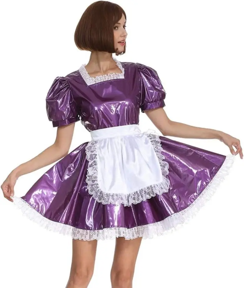 

French Sexy Adult Custom Fetishist Cross Dressing Sissy Purple PVC Lace Edge Independent Apron Short Sleeved Dress