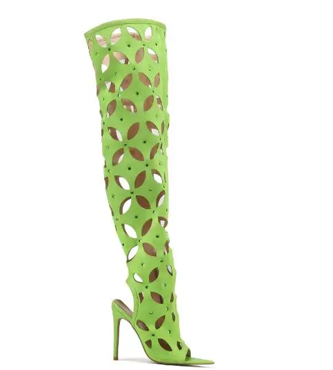 

Light Green Black Orange Leather Gladiator Cuts Out Hollow Knee High Boots Women Peep Toe Stiletto Heels Slingback Long Botas