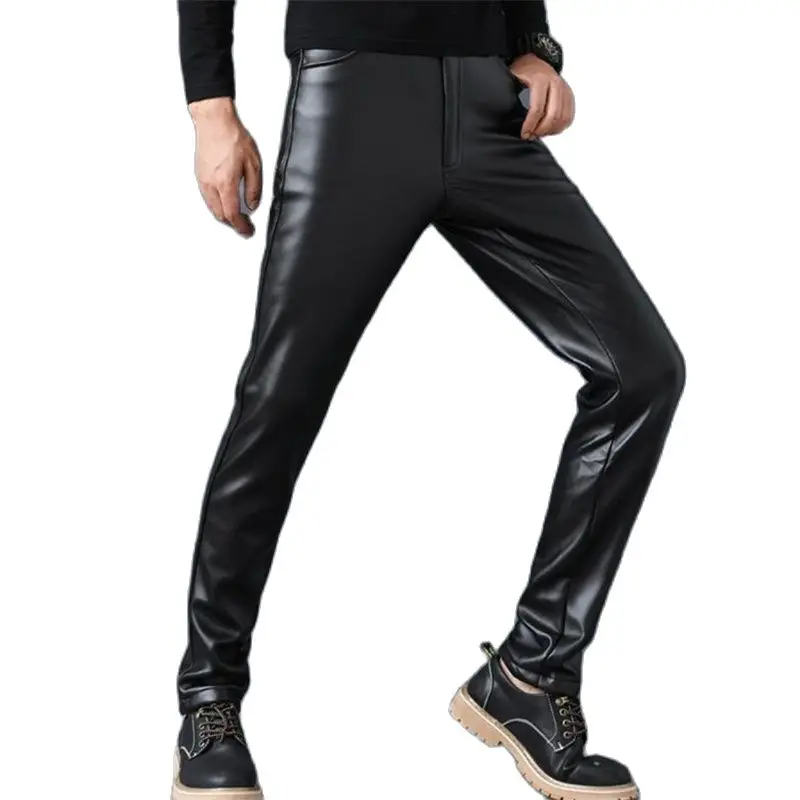 

Male Thick Skinny Pu Pantalons Capris Man Hot Sale Leather Pants Velvet Slim Pu Trousers Warm Mid Elastic Motorcycle Pant