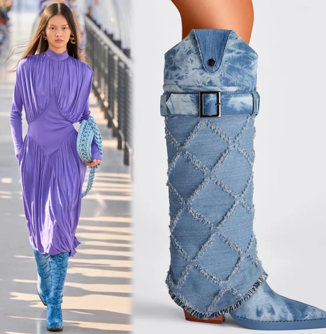 2024 Spring New Pointy Slope with Blue Denim Check Lace Trouser Fold Boots Belt Buckle Sleeve High-heeled Cowboy Boots
2024 Spring New Pointy Slope with Blue Denim Check Lace Trouser Fold Boots Belt Buckle Sleeve High-heeled Cowboy Boots