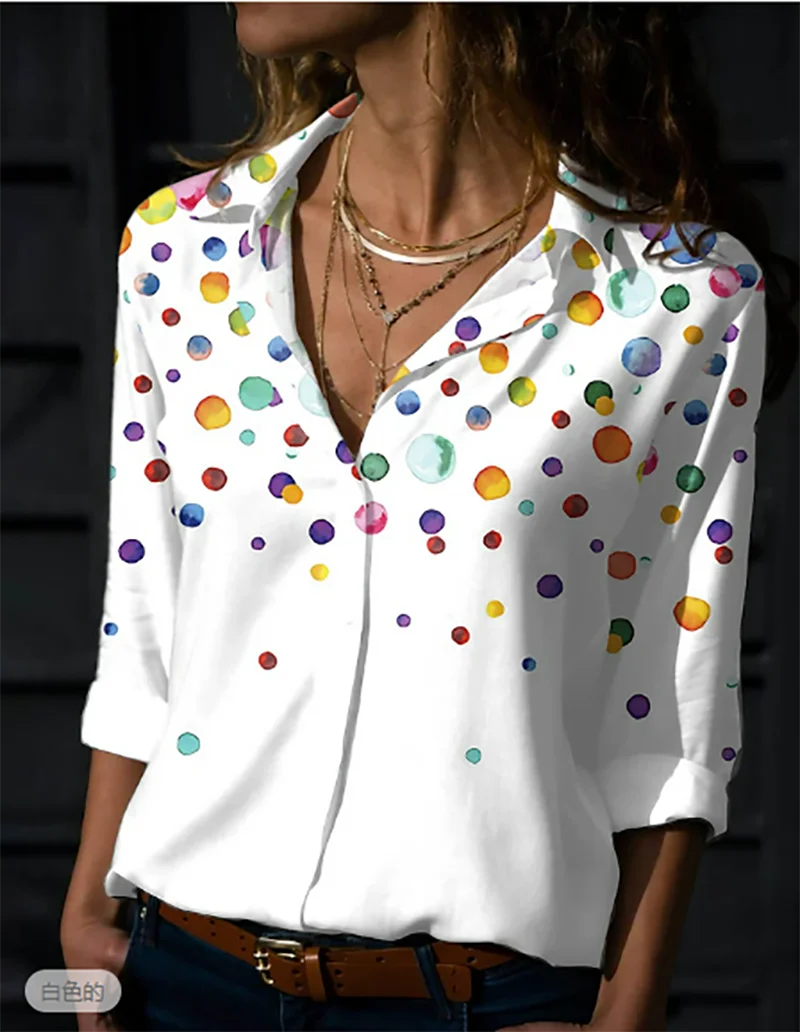 

Colorful Dots Printed Top Casual Fashion Daily Loose Button Down Shirt Street Style Long Sleeve Lapel Polka Dot