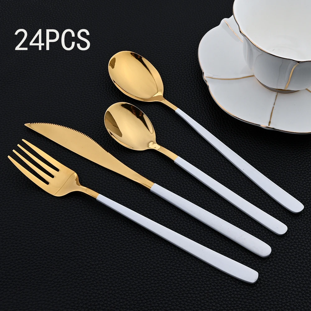 

Zoseil 24Pcs Tableware Sets Stainless Steel Flatware Knives Forks Tea Spoons Cutlery Set Mirror Silverware Kitchen Tableware