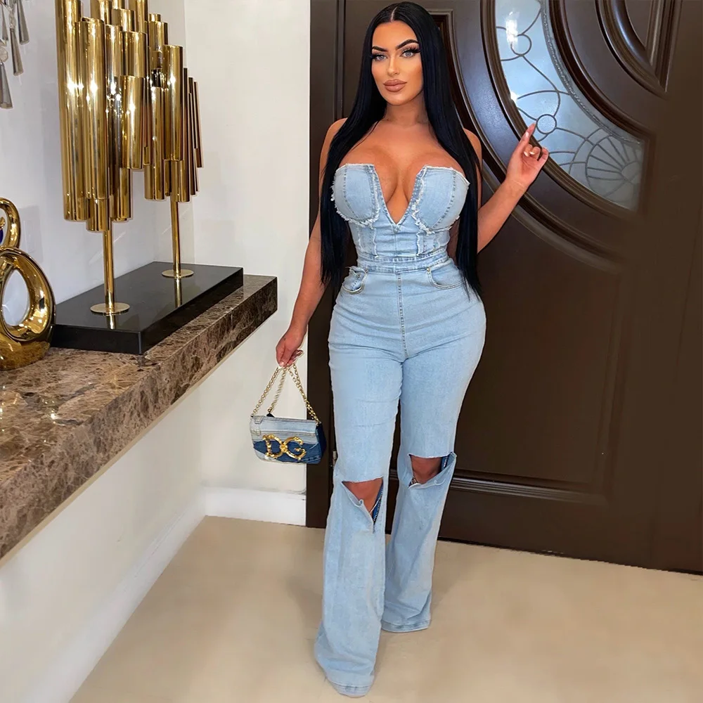 

Women's Jumpsuit Denim Hollow Out High Waist Strapless Sexy Summer Y2K Streetwear Skinny Rompers Flare Pant Jumpsuit Outfit 2024