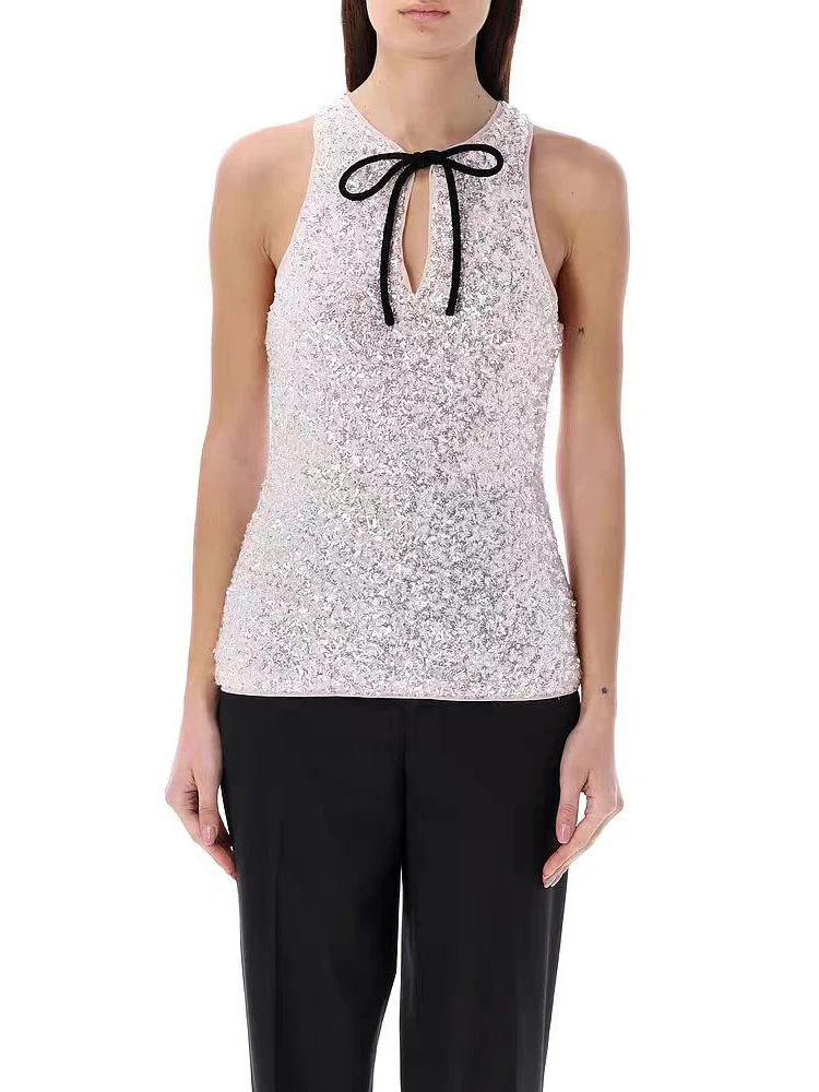 

Sequins camisole top y2k chic high street bow embellished pink sleeveless Woman clothing 2024 summer new