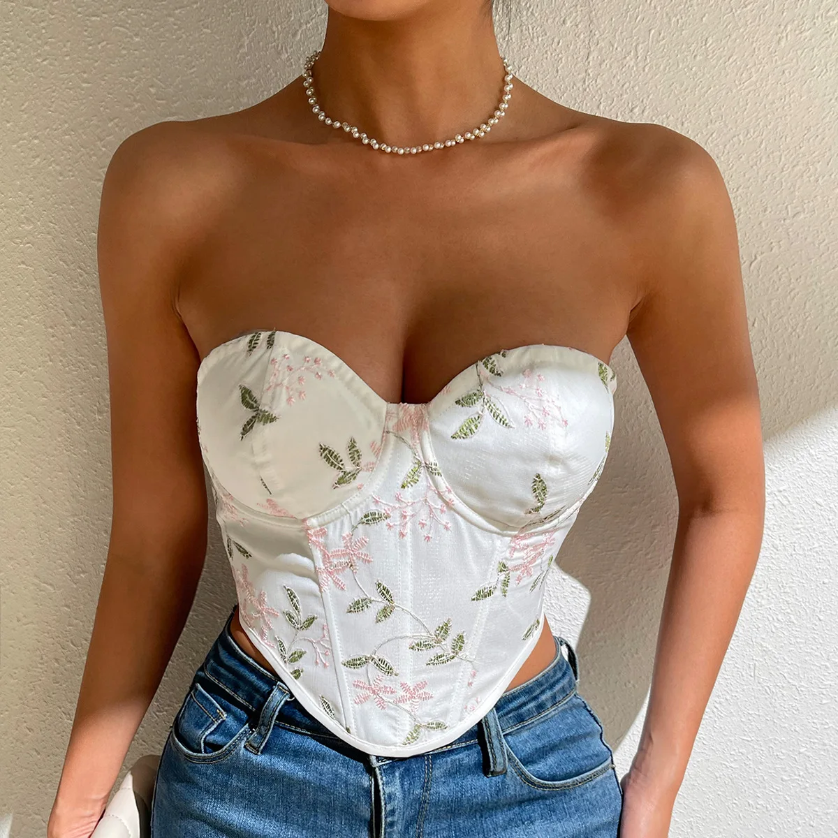 

Print Corset Crop Top Summer Slim Fishbone Bustier Tank Tops Back Strap Woman Clothes Sleeveless Off Shoulde Camisole Underwire