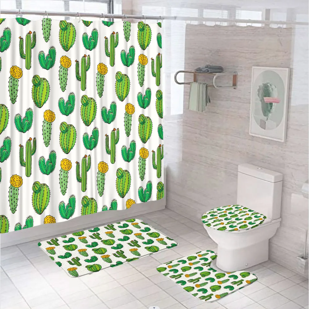 

4Pcs Tropical Succulent Plant Floral Shower Curtain Set with Rug Toilet Lid Cover Bath Mat Cactus Cacti Fabric Bathroom Curtains