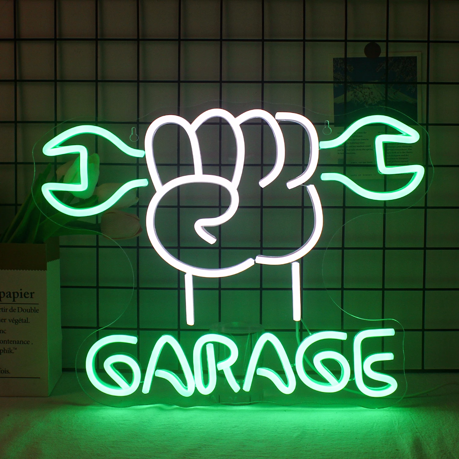 

Garage Neon Sign Green White Wrench Shaped LED Neon Light Up Signs for Wall Decor Man Cave Garage Door Auto Repair Shop Neon USB